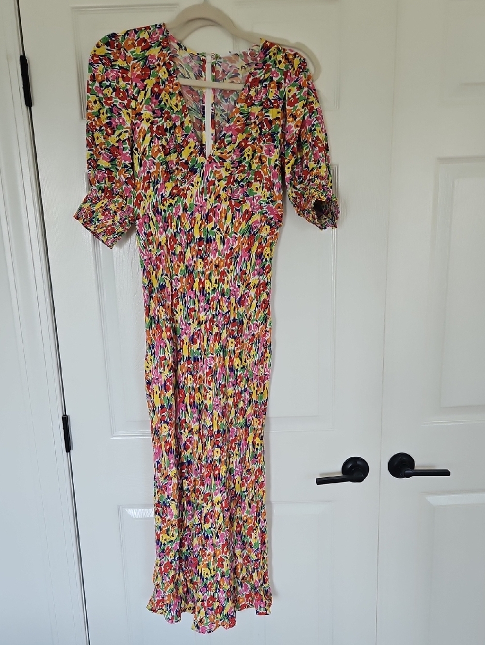 RIXO Multicolor Floral Midi Dress in Pink, Yellow & Green